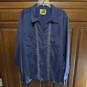 Haband Guayabera Embroidered Men's XXL Zip Front Shirt Long Sleeve Pockets Navy